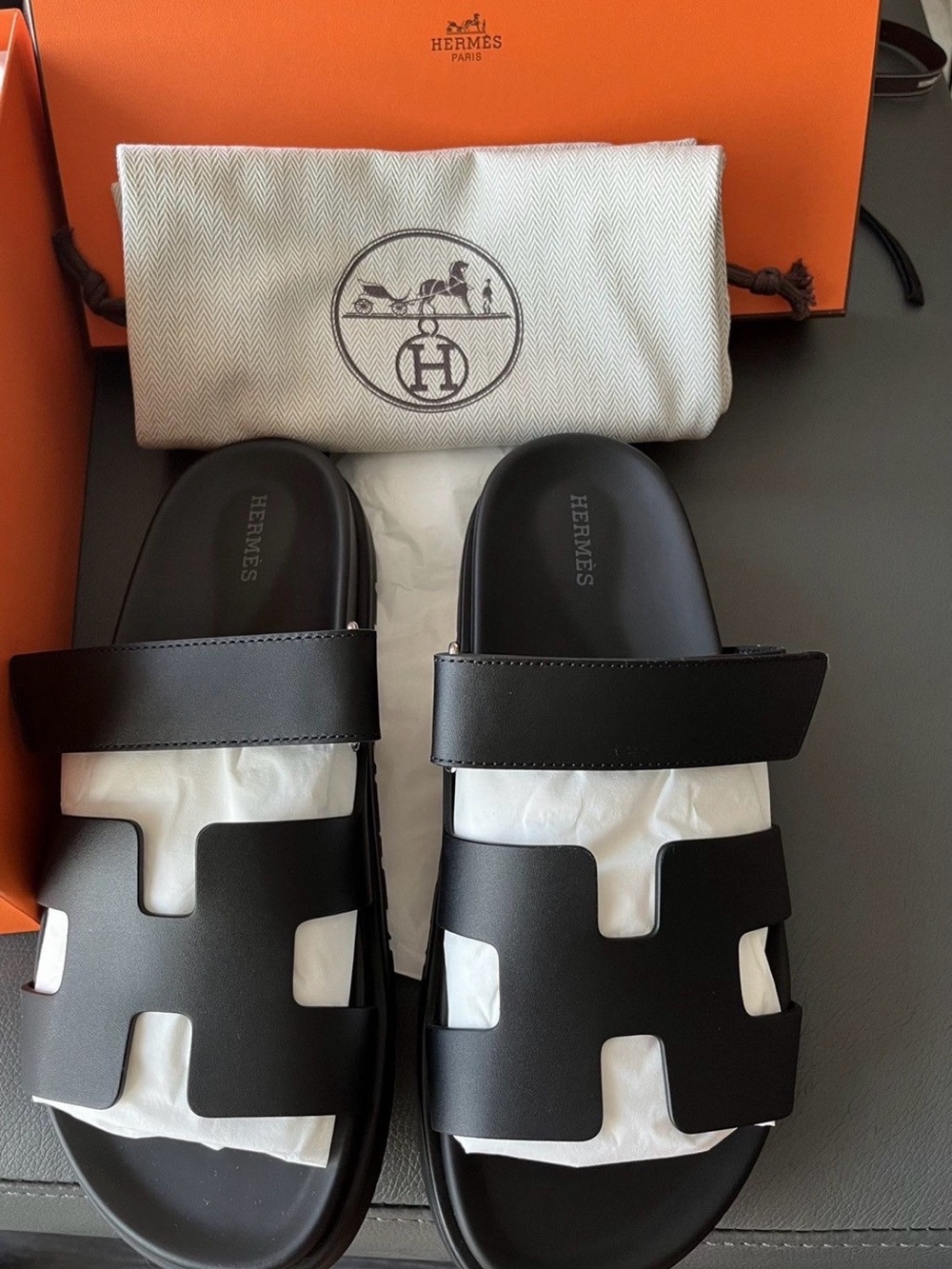 Hermes Black Oran Slide Sandals for Men